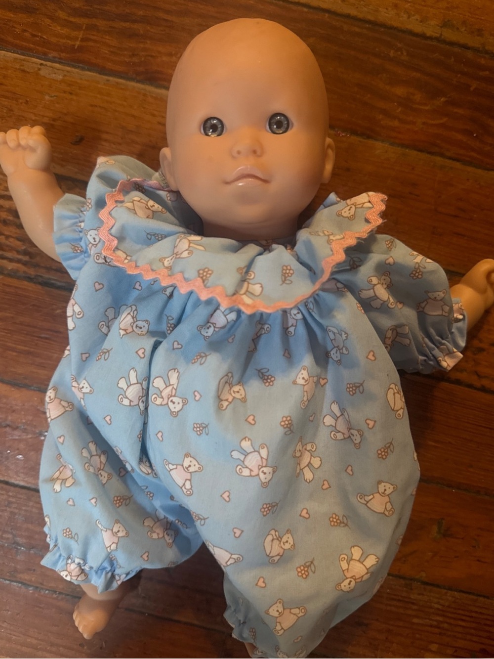 1996 Mattel Snookums bean-bag baby doll, and the blue teddy-bear outfit